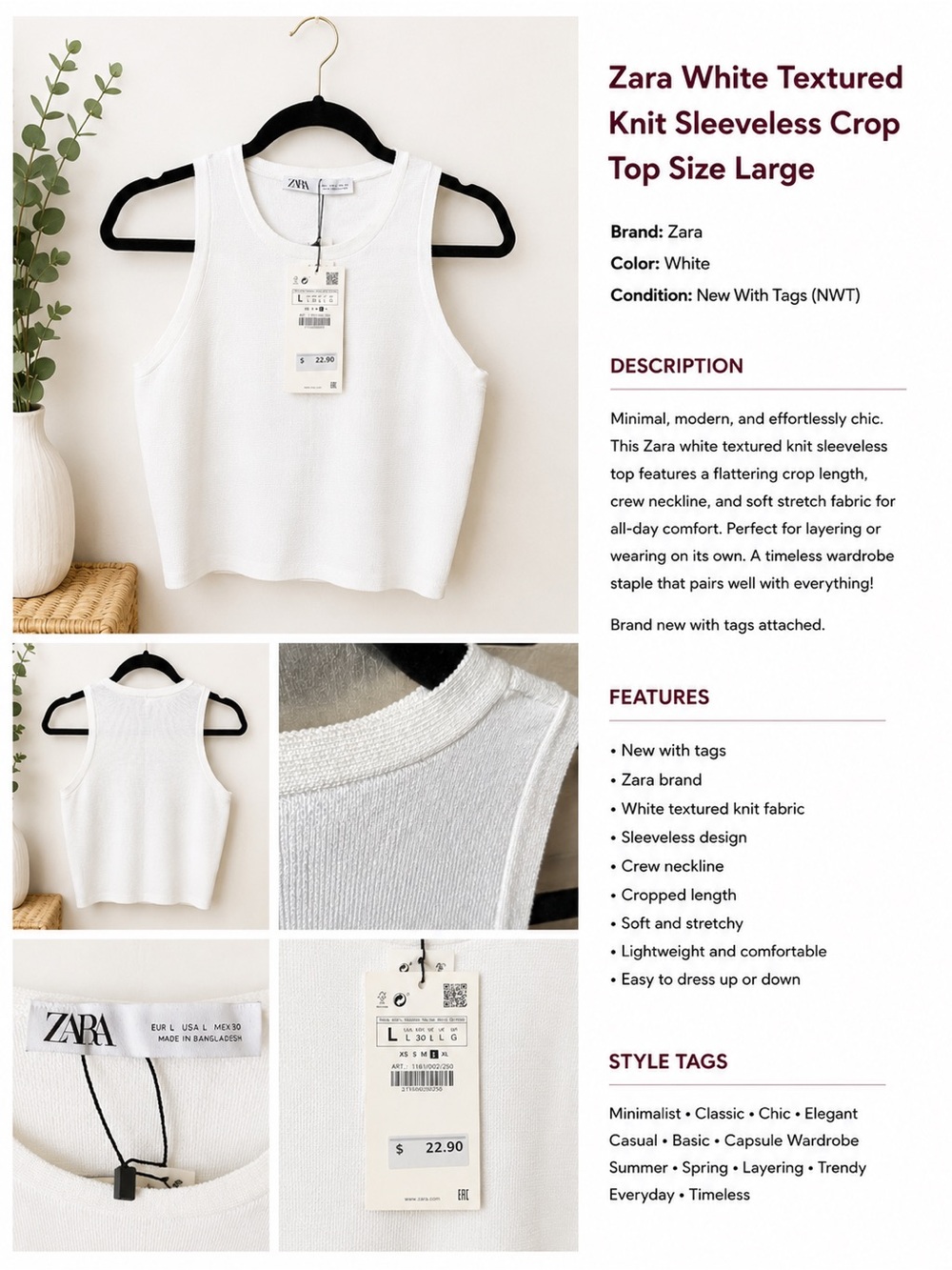 Zara White Textured Knit Cropped Tank